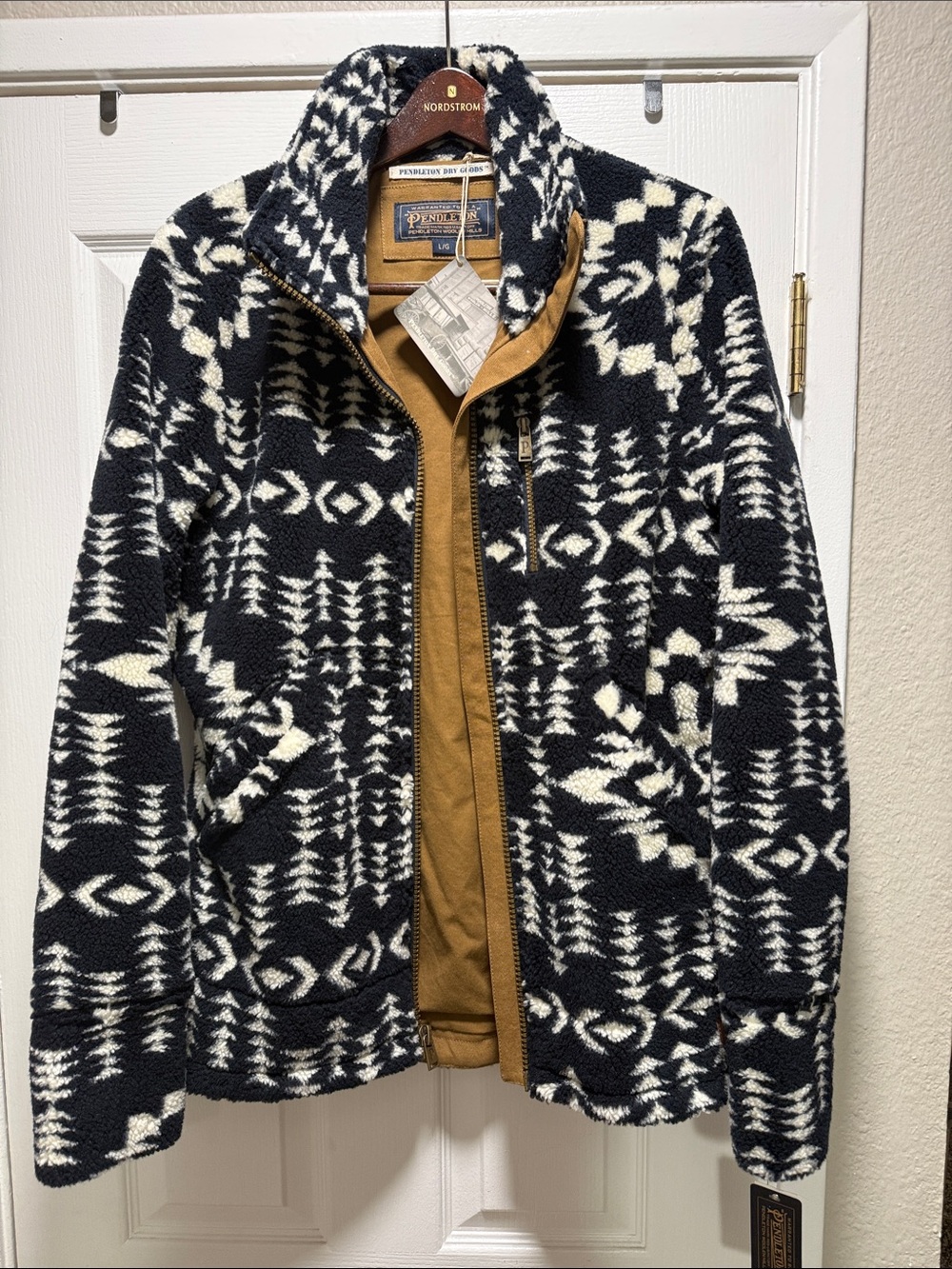 Pendleton Men’s Black & White Geometric Fleece Zip-Up with Tan Interior